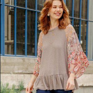 UMGEE Mixed Print Bell Sleeve Waffle Knit Top